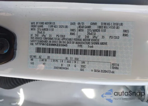 2021 Ford F-150 Lariat z USA, uszkodzony, nr VIN 1FTFW1E89MKE03045